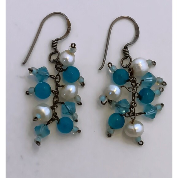 Sterling Silver Chalcedony & Pearl Cluster Dangle Earrings 1.5 in - Picture 1 of 13